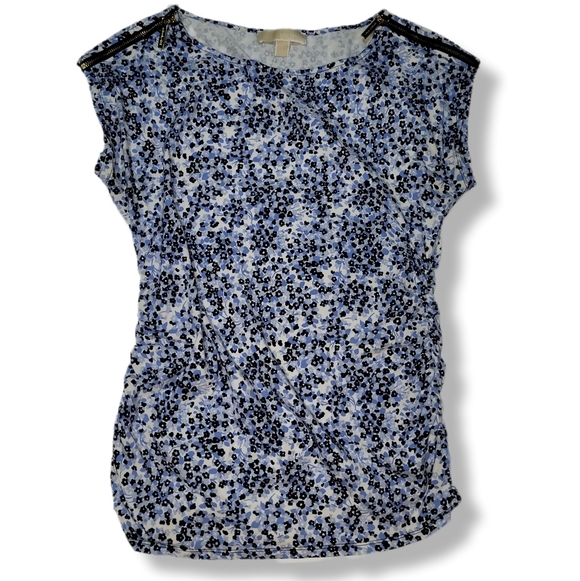MICHAEL Michael Kors Tops - Michael Kors Blue Micro Floral AOP Ruched Fitted Blouse with Cap Sleeves